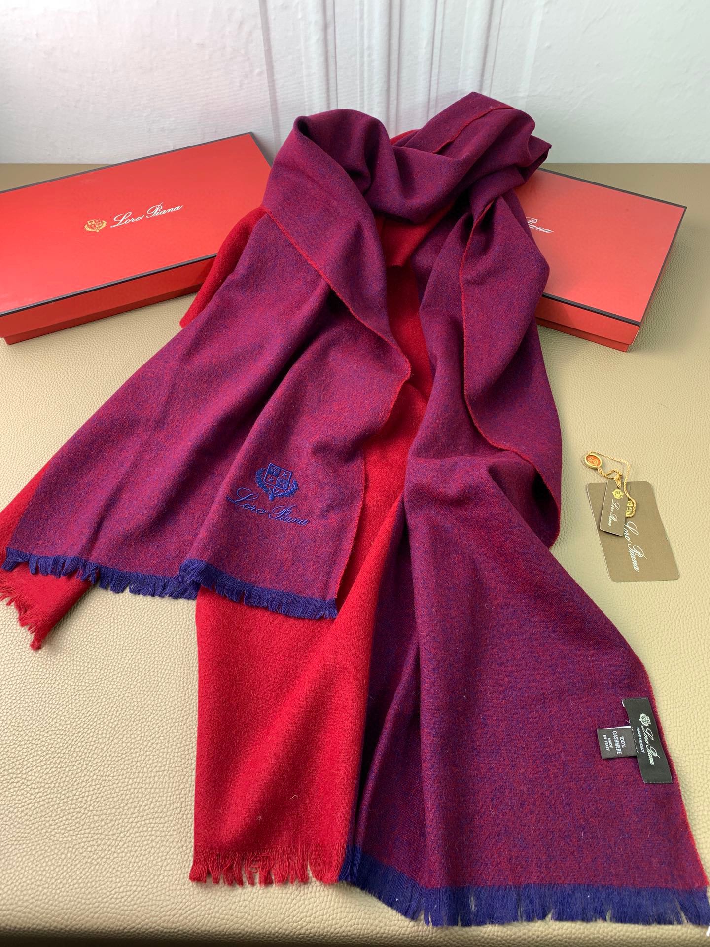L-Piana-拼接羊毛混料圍巾 200*75cm 100%羊毛 酒紅色