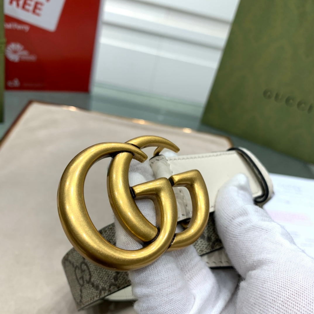 古G家-白色老花皮帶-3.0cm