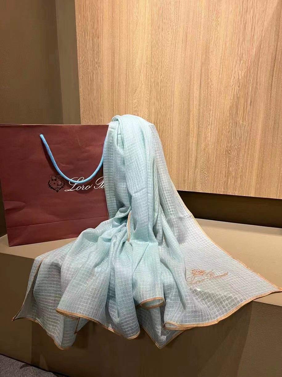 L-Piana 華夫格彩邊水毛刺繡長巾-100%羊絨-90*200cm