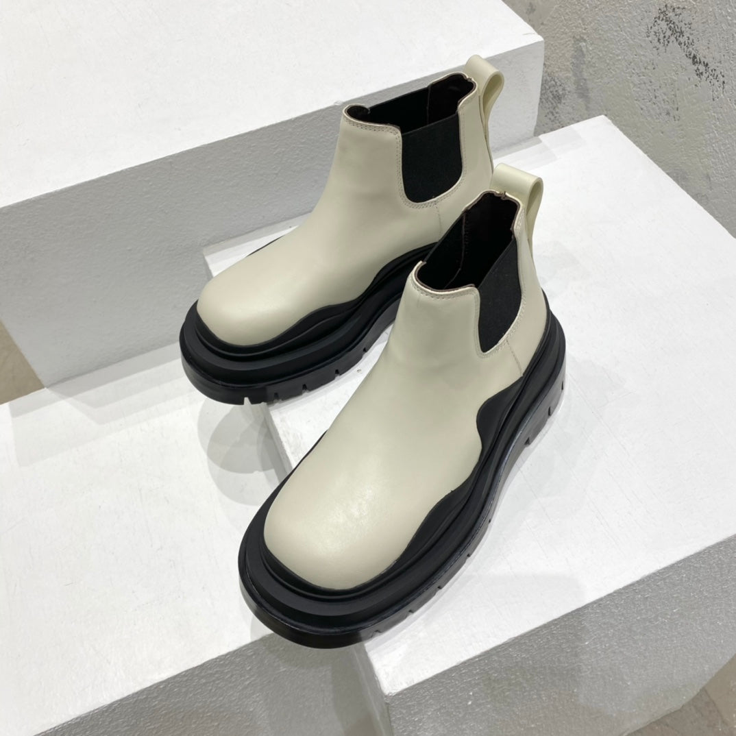 B編織-22SS 英倫復古短靴 男女同款 米色黑底