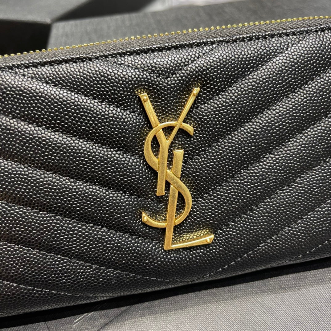YSL 拉鍊長夾 黑色金扣