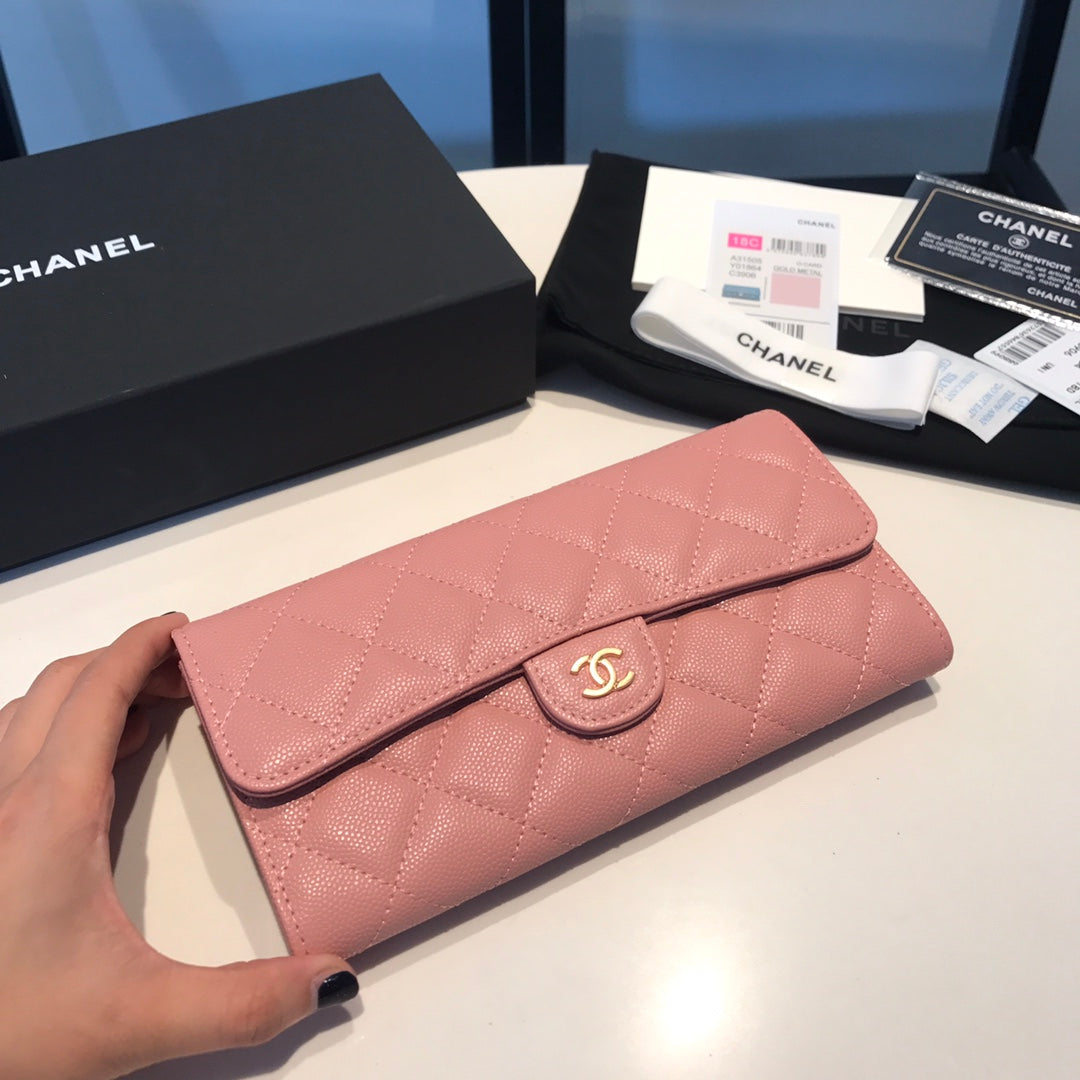 Chanel CF翻蓋長夾-粉色荔枝皮金釦