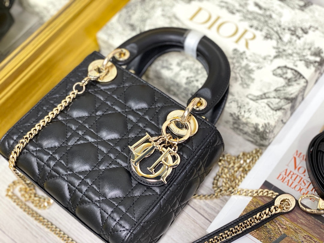 Dior-Mini Lady Dior手袋-三格黛妃-17cm-黑色金扣