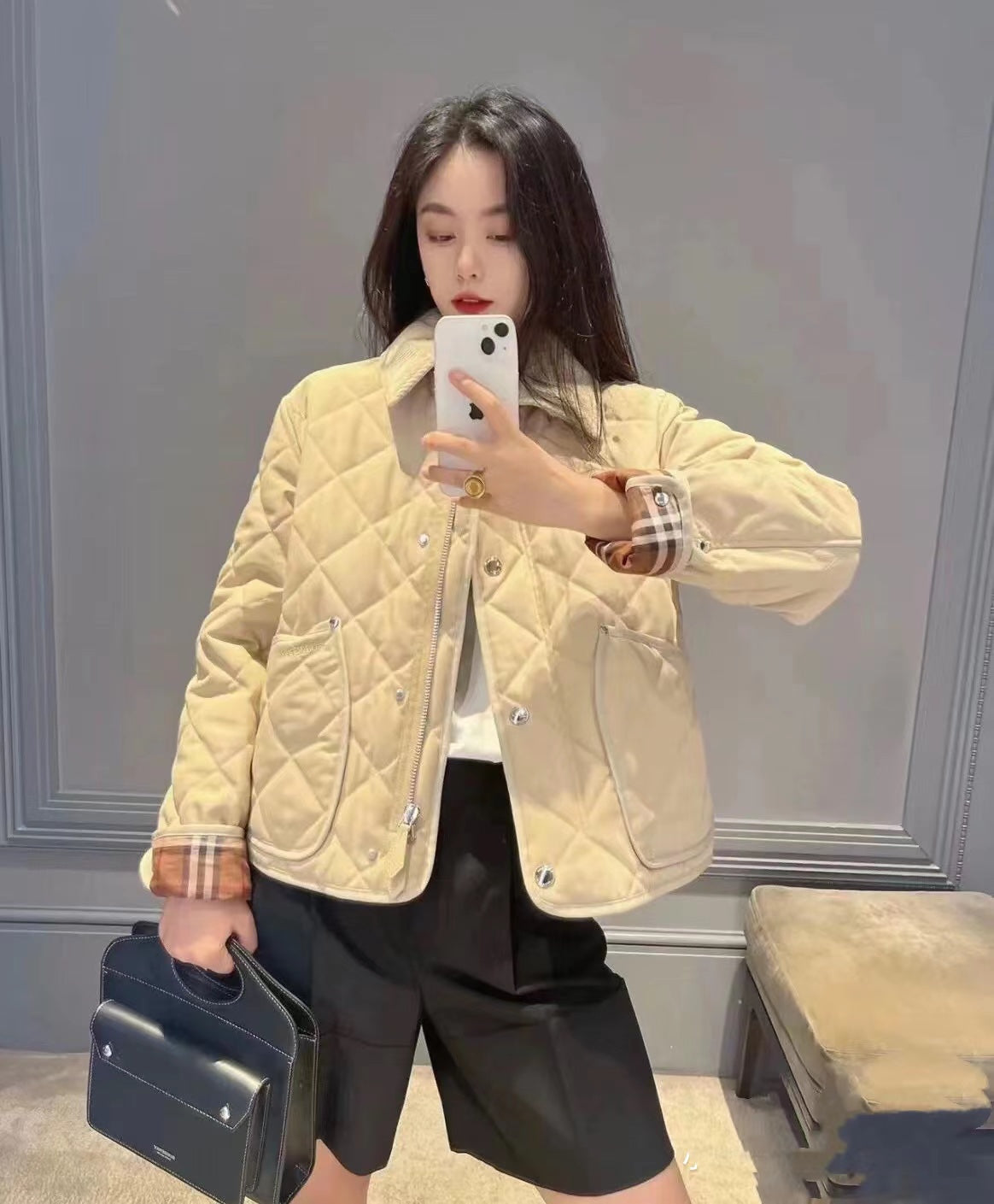 巴B家-秋冬棉服-經典格紋拼接燈芯絨衣領