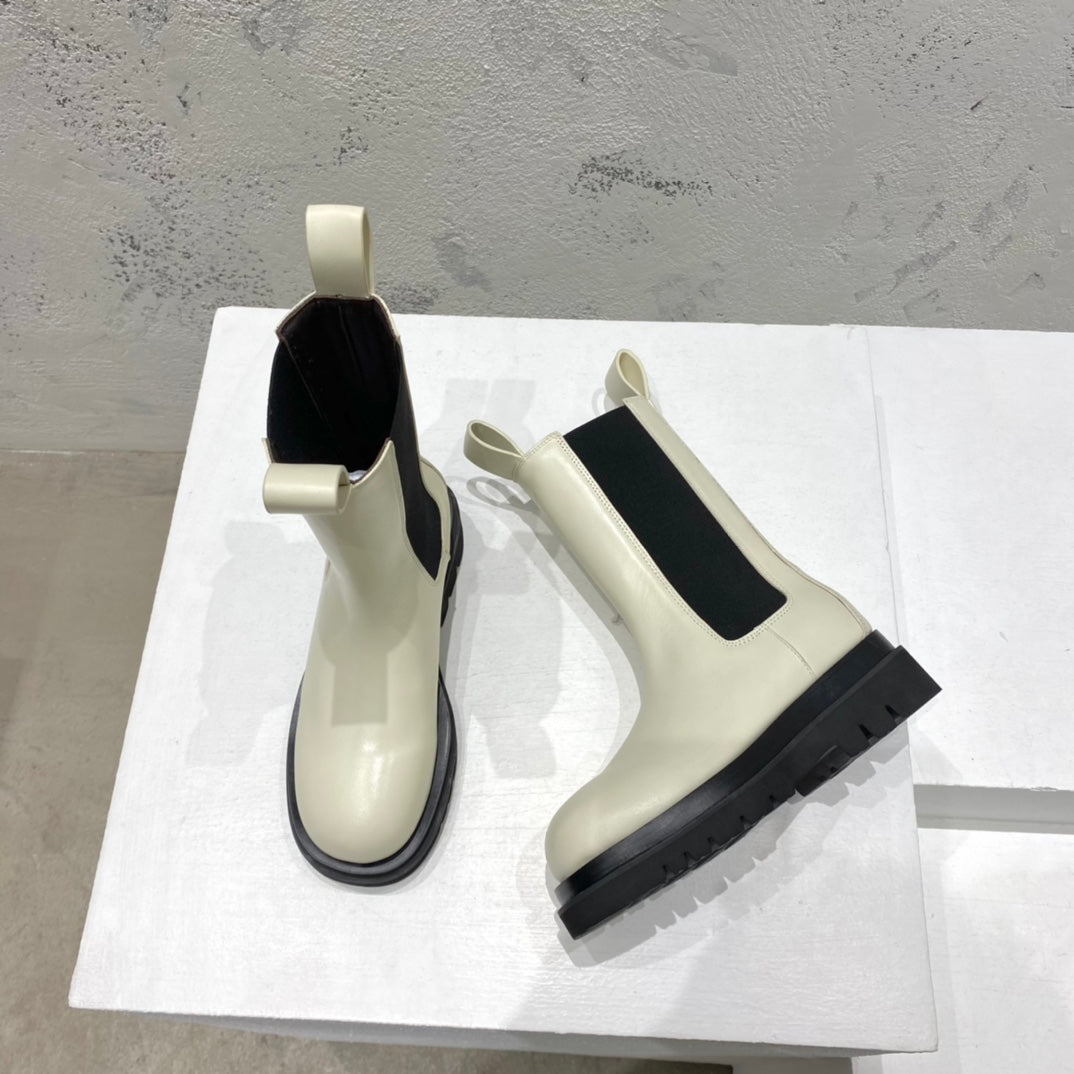 B編織-22SS 英倫復古中筒靴 男女同款 白色黑底