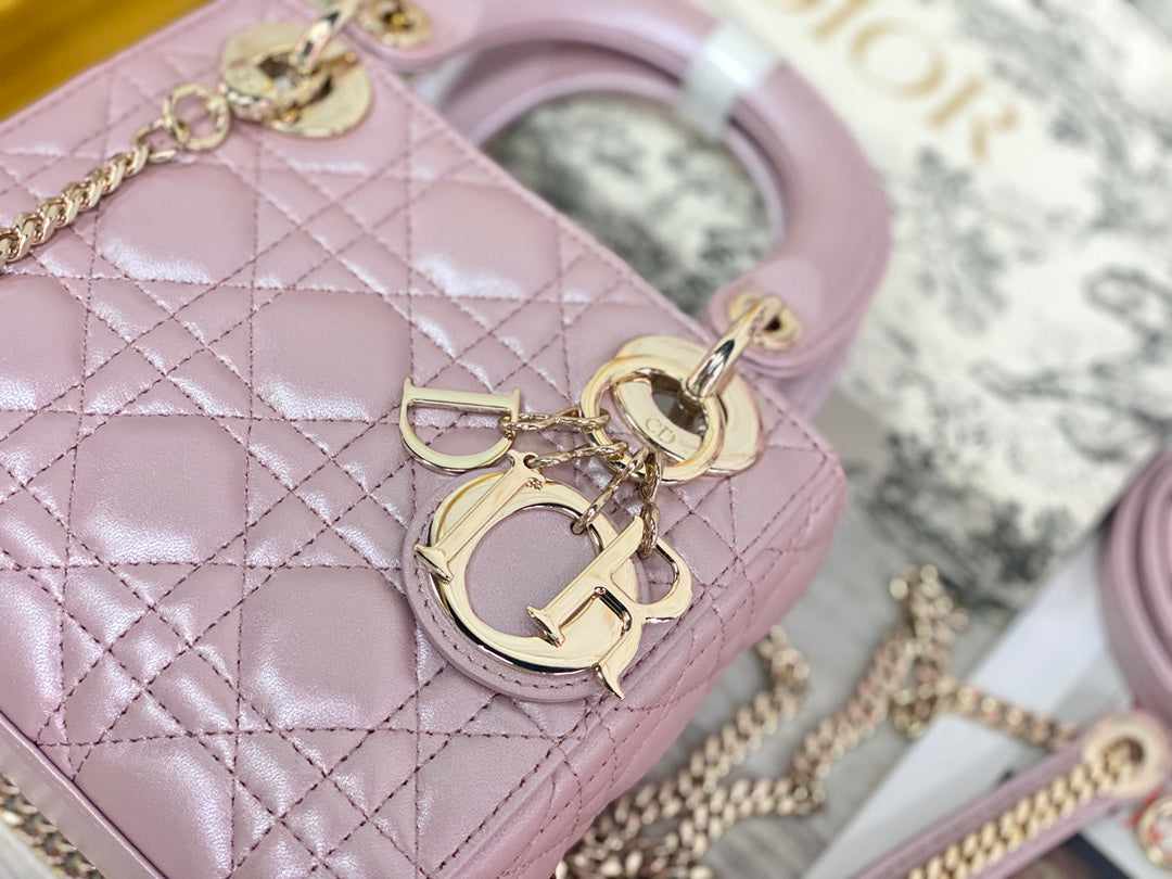 Dior-Mini Lady Dior手袋-三格黛妃-17cm-珠光粉金扣