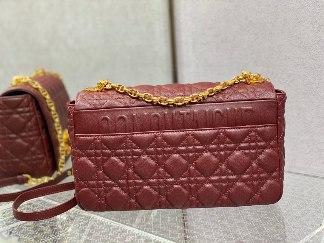 Dior-Caro 菱格紋 小牛皮 大號 酒紅色