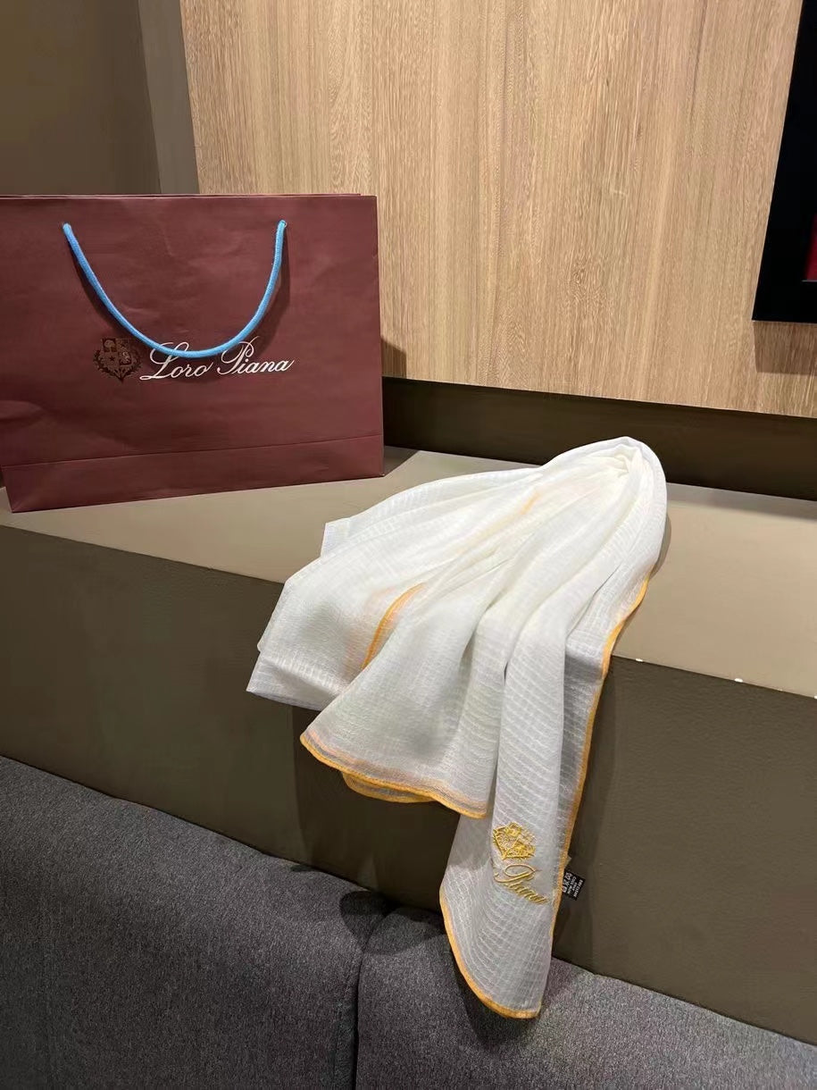 L-Piana 華夫格彩邊水毛刺繡長巾-100%羊絨-90*200cm
