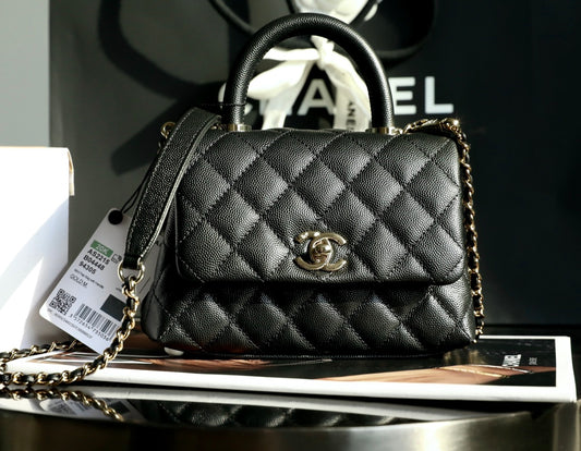 Chanel mini coco handle-黑色球紋牛皮-淡金扣