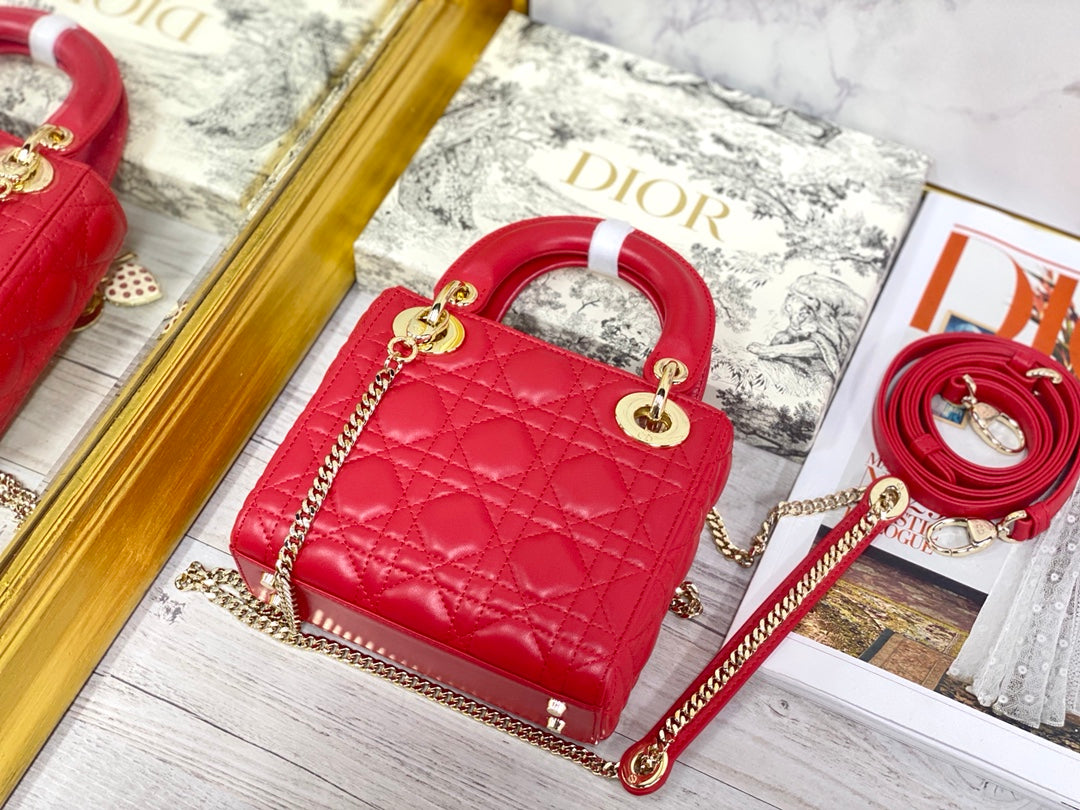 Dior-Mini Lady Dior手袋-三格黛妃-17cm-紅色愛心釦