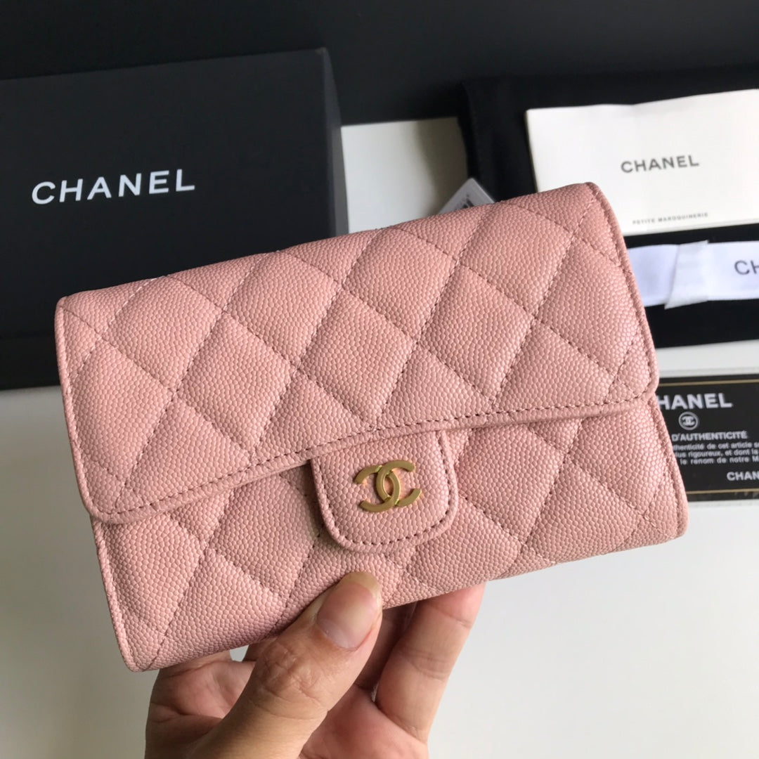 Chanel CF 三折中夾-櫻花粉荔枝皮金釦