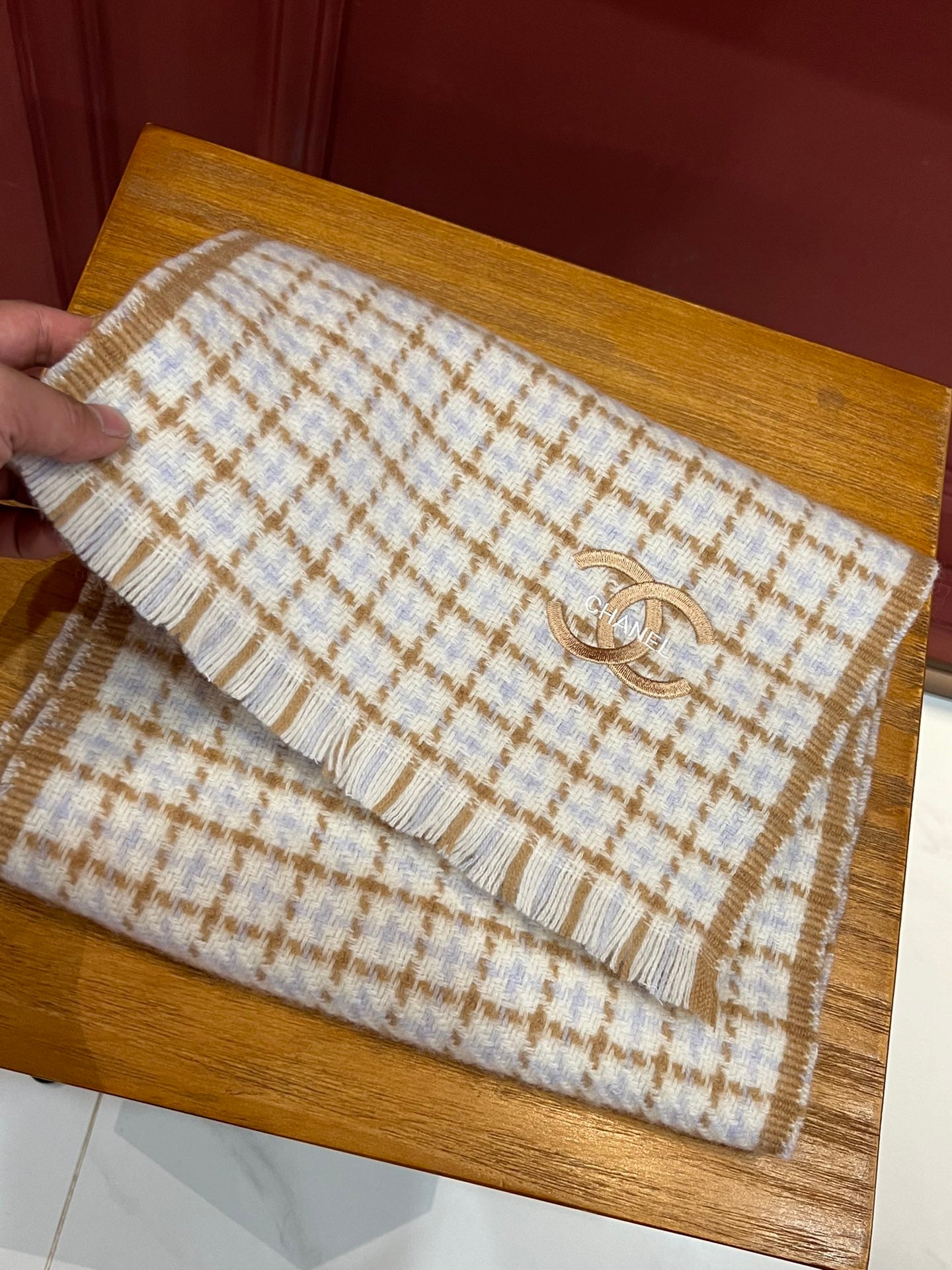 小香家-雙C編織格紋圍巾 190*32cm 100%頂級山羊絨 灰色