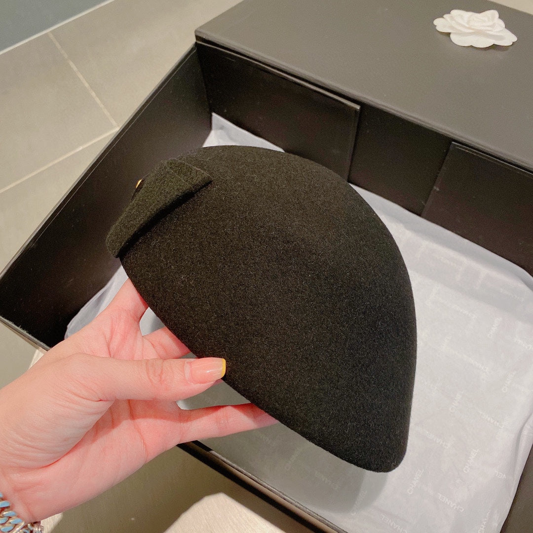 賽C家-蝴蝶結 毛呢貝雷帽 黑色