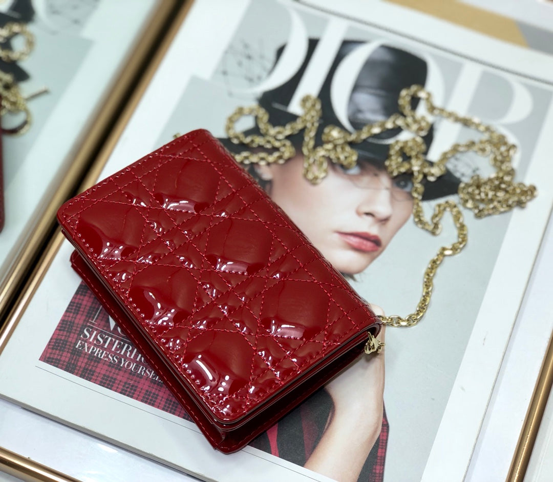 Dior Lady Dior Nano 鏈條卡包／腰包-漆皮紅色
