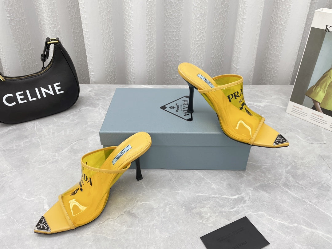 Prada 鞋-Prada 尖頭三角logo 細高跟拖鞋（黃）