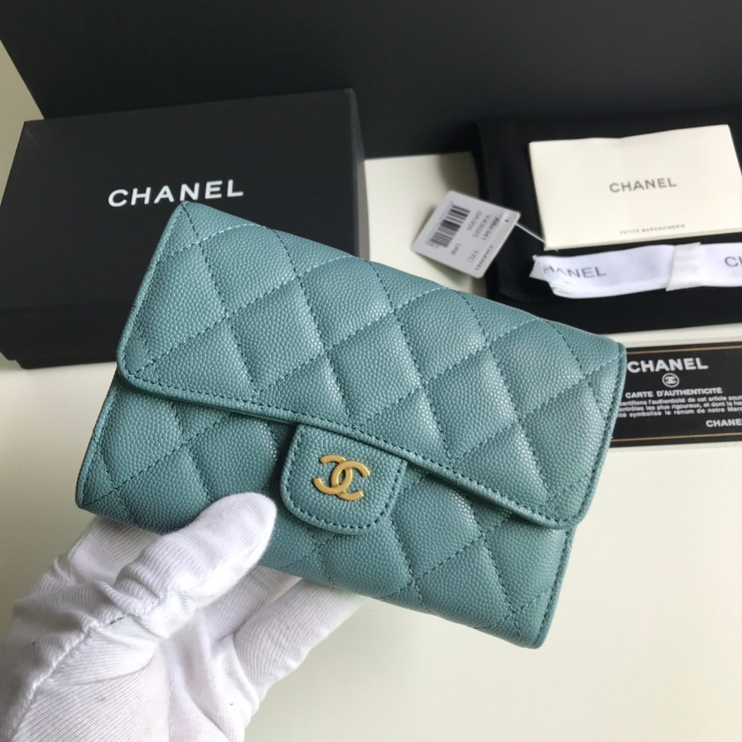 Chanel CF 三折中夾-霧霾藍荔枝皮金釦