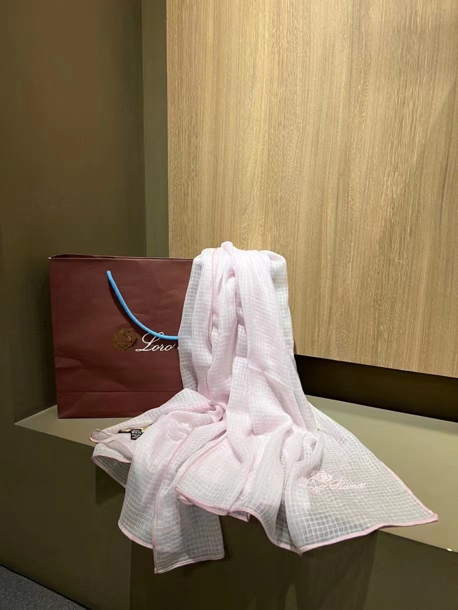 L-Piana 華夫格彩邊水毛刺繡長巾-100%羊絨-90*200cm