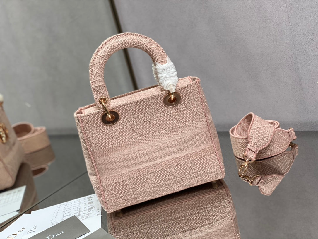Dior Lady D-Lite黛妃包-刺繡粉色-24cm