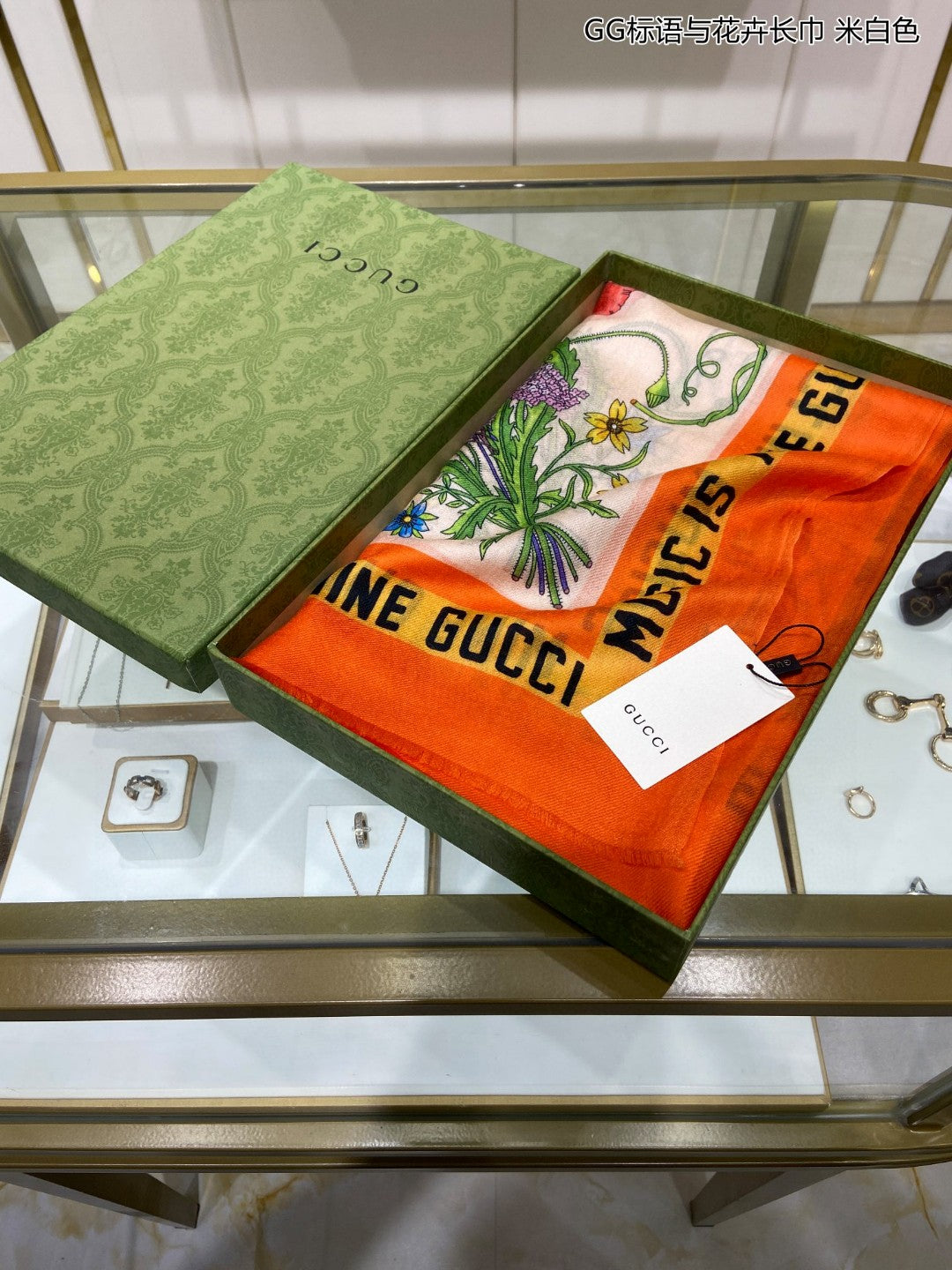 古G家-G標語與花卉長圍巾 110*200cm 100%頂極羊絨