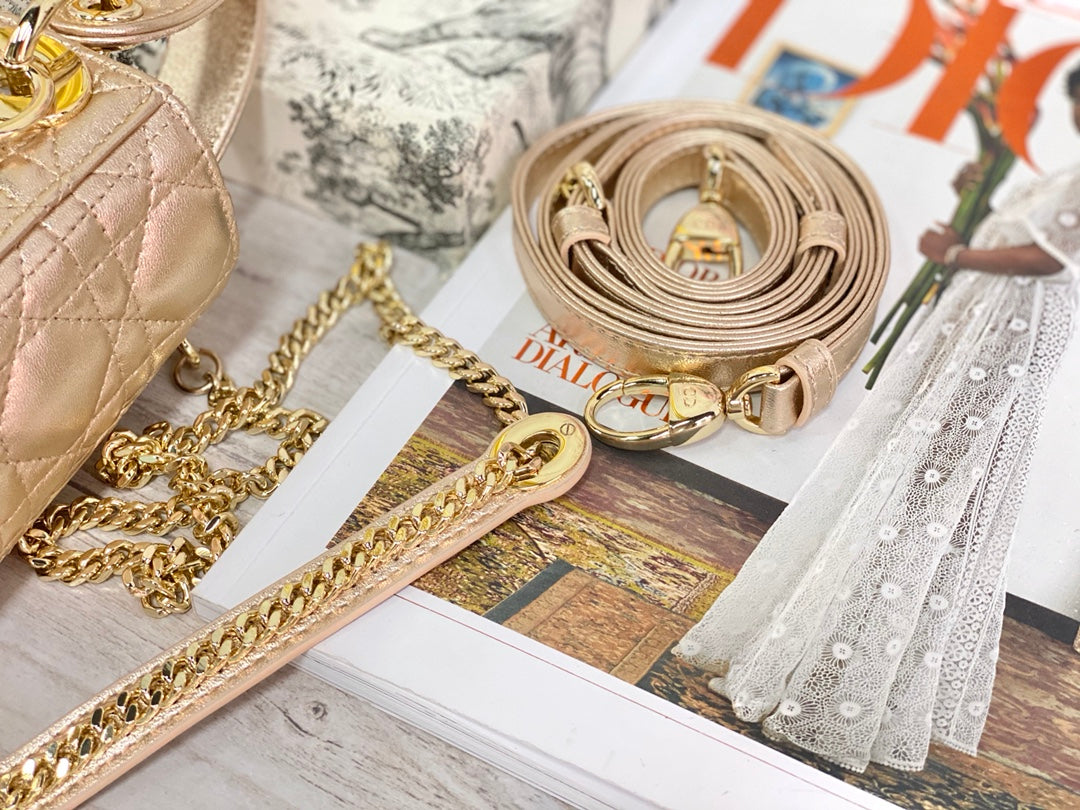 Dior-Mini Lady Dior手袋-三格黛妃-17cm-珠光金金扣