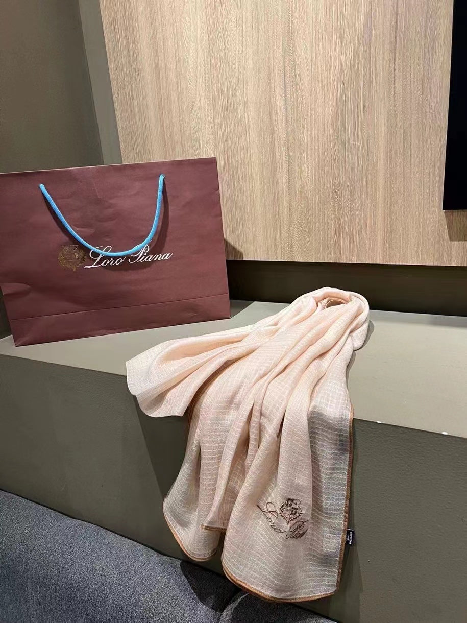 L-Piana 華夫格彩邊水毛刺繡長巾-100%羊絨-90*200cm