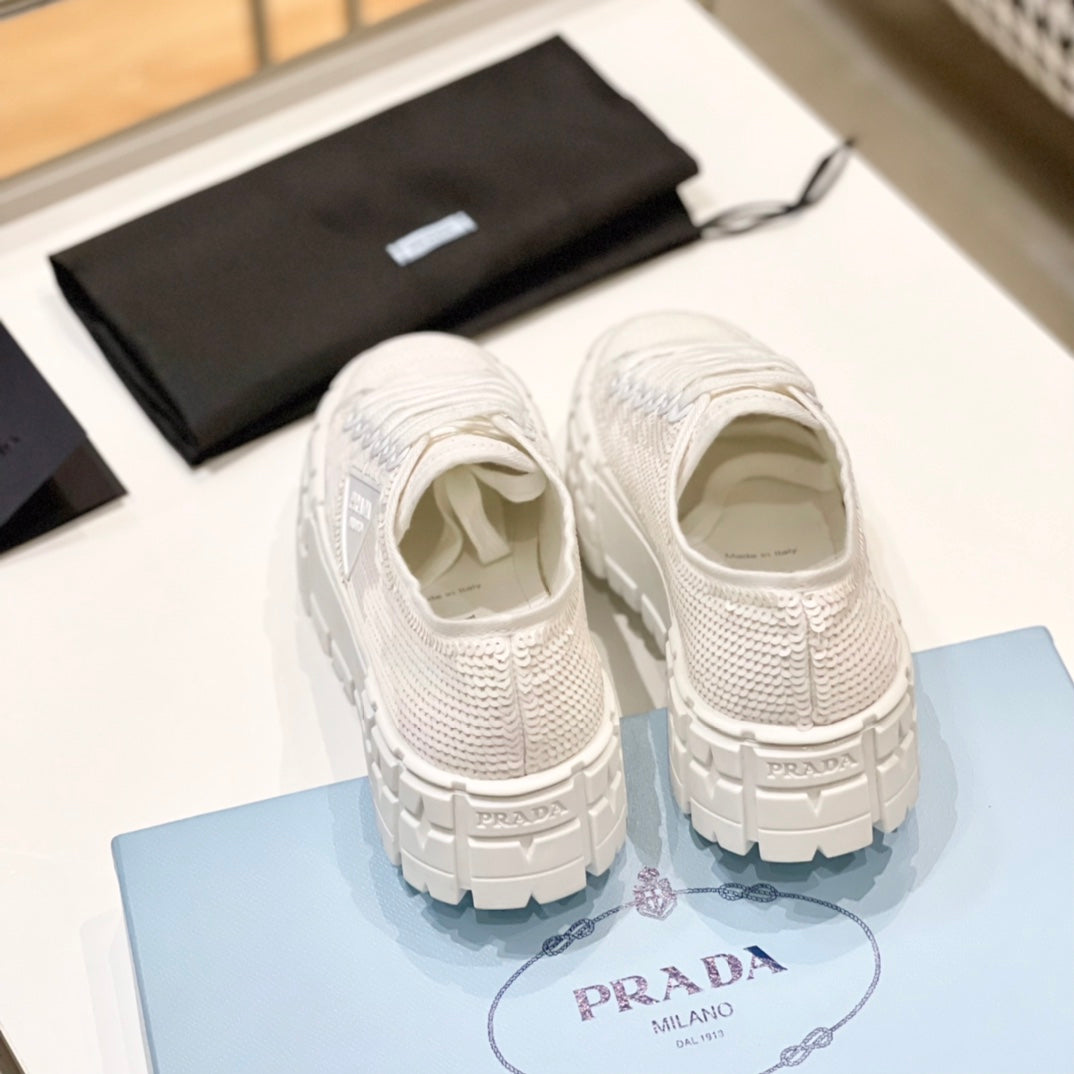 Prada 鞋-Prada 亮片厚底餅乾鞋（白）
