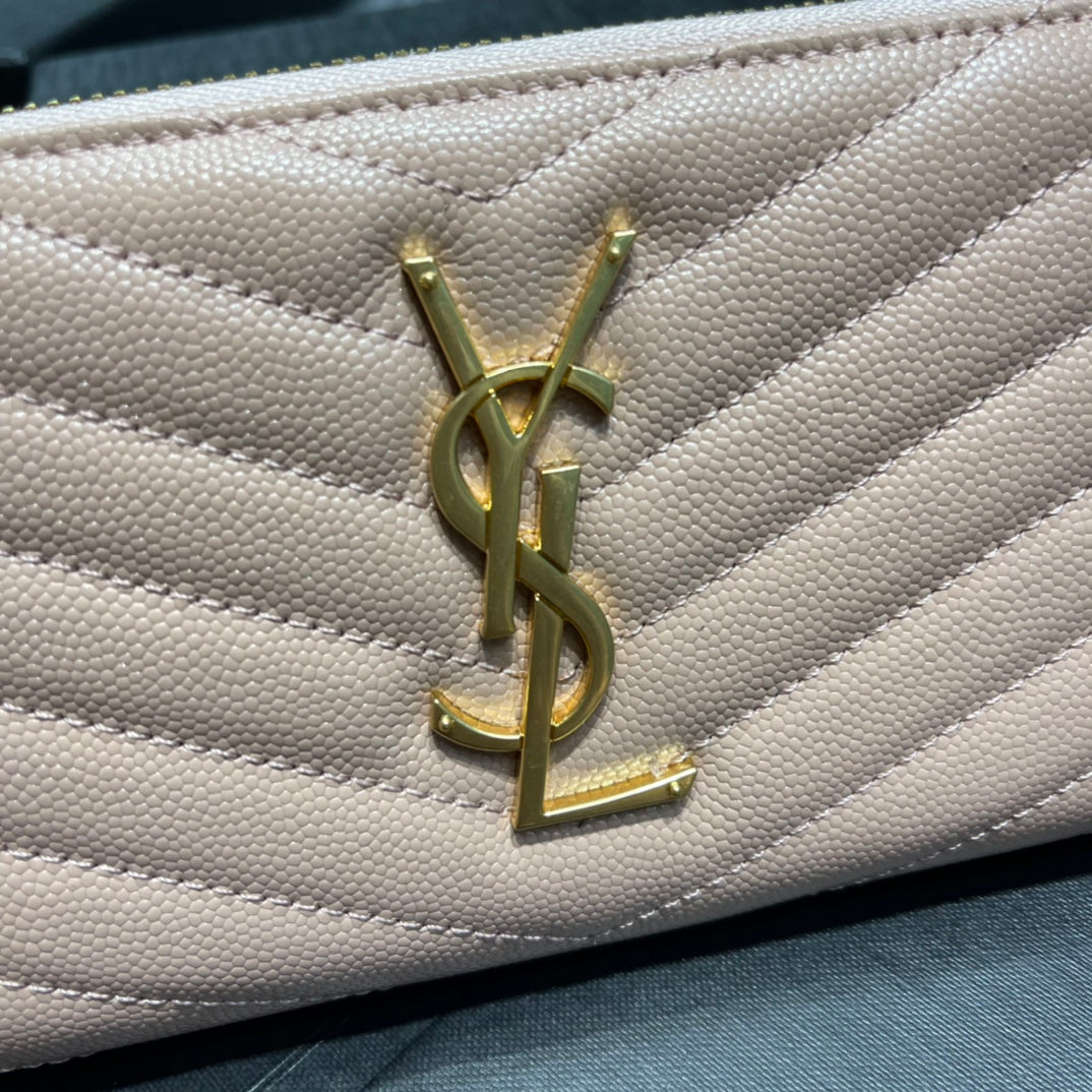 YSL 拉鍊長夾 粉色金扣