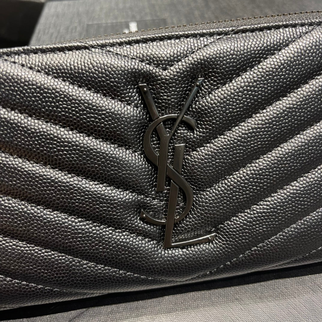 YSL 拉鍊長夾 黑色黑扣
