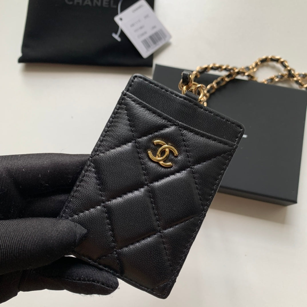 Chanel 證件套-黑色羊皮金扣