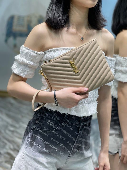 YSL 提花拼接文件手拿包-杏色金扣-24cm