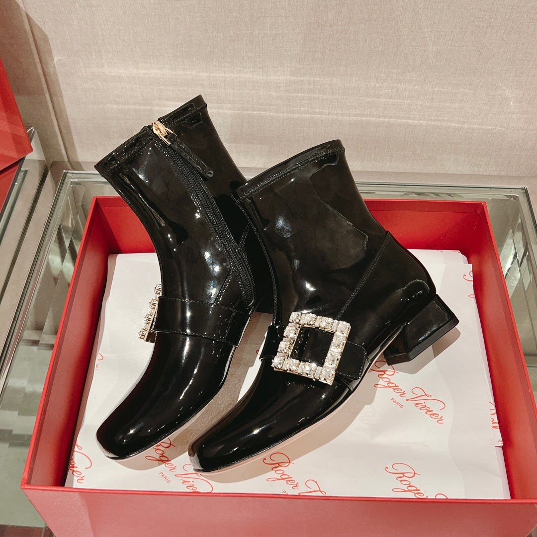 R方扣頭鞋-鑽扣漆皮踝靴 施華洛水鑽