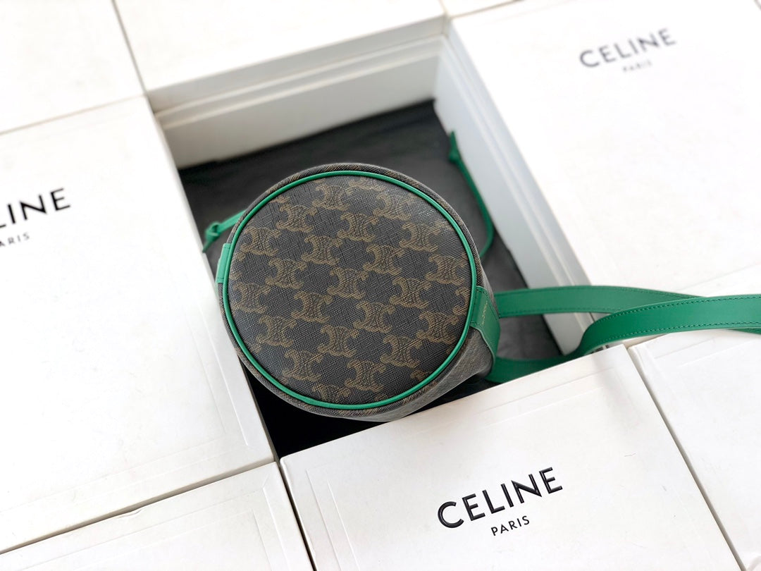 Celine TRIOMPHE帆布小號抽繩包-綠色老花