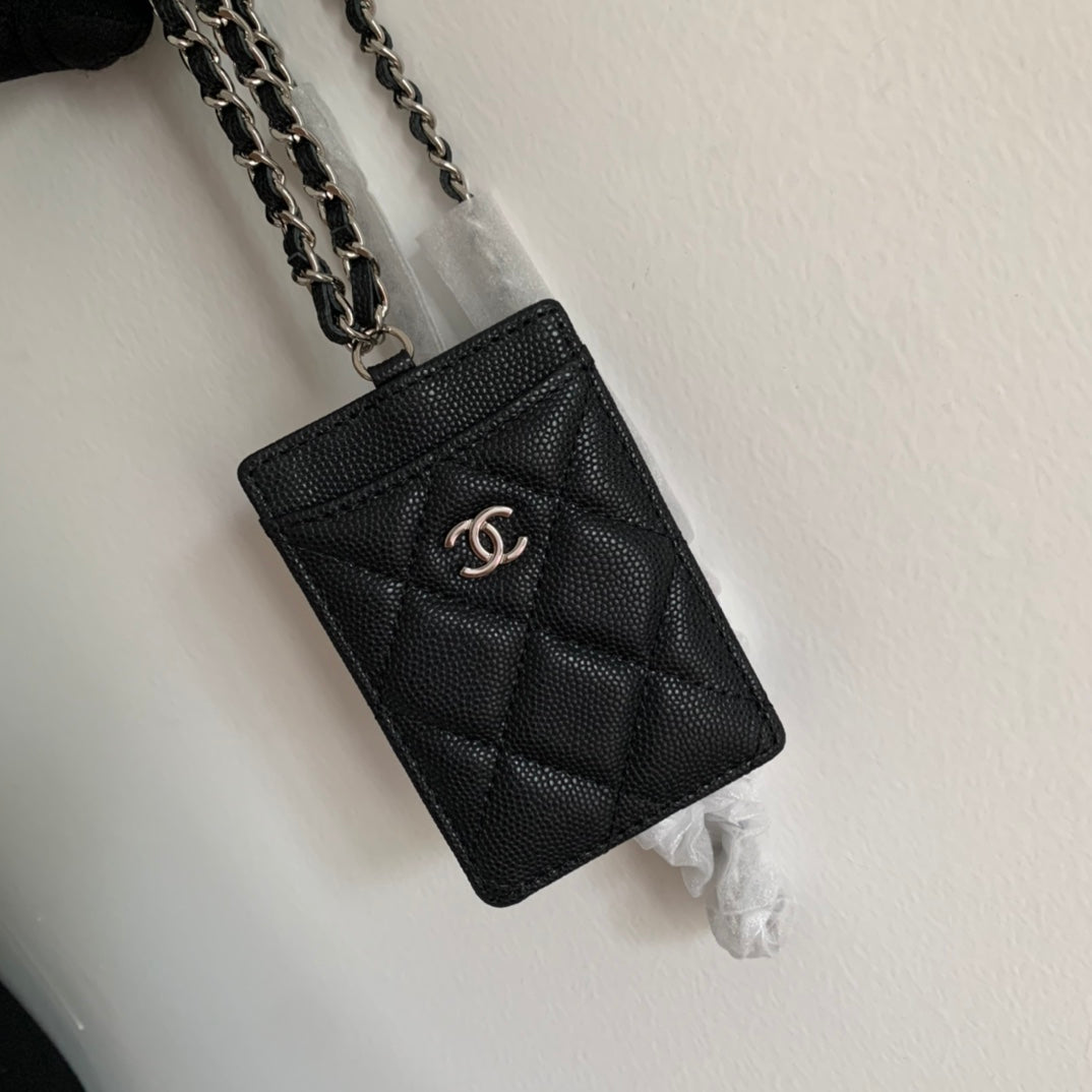 Chanel 證件套-黑色荔枝皮銀扣