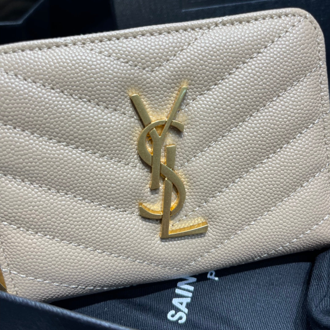 YSL 拉鍊短夾 杏色金扣