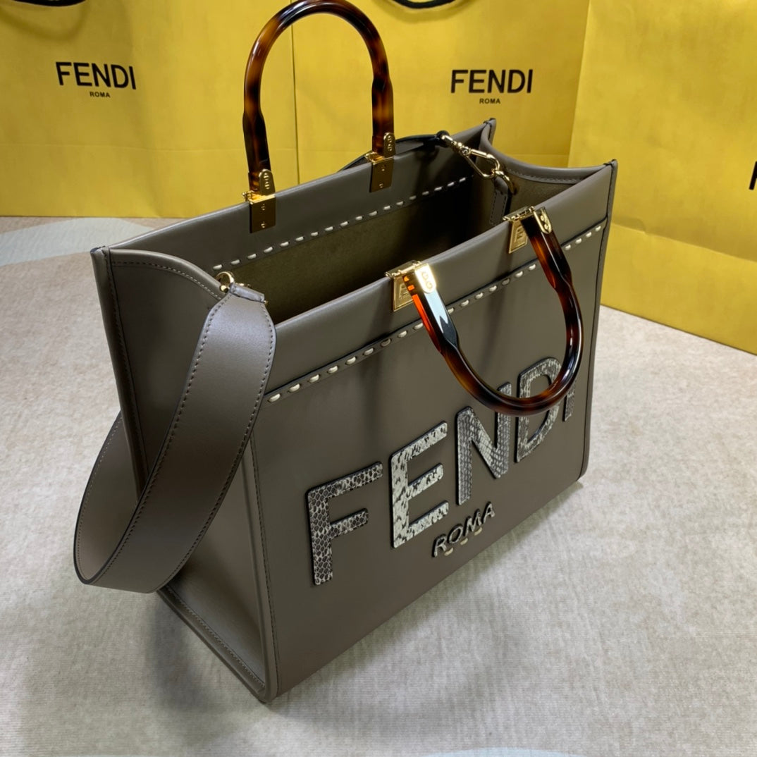 芬F家-Fendi Sunshine-中號灰色印花蛇皮手提袋