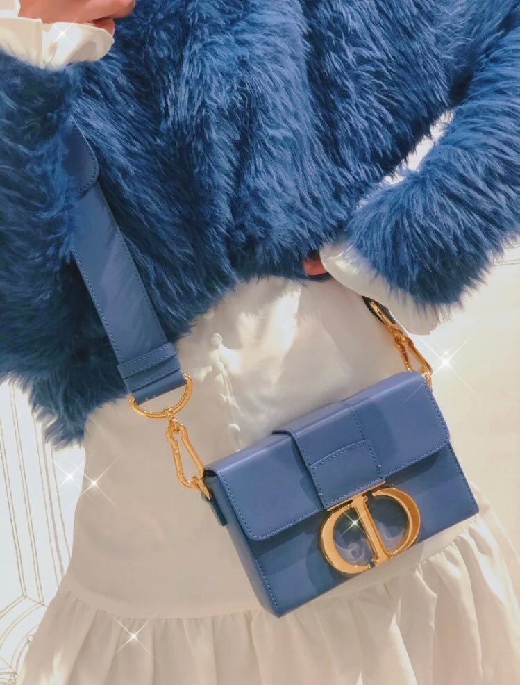 Dior 蒙田 Mini Box-平紋牛皮-金扣-17.5cm-藍色