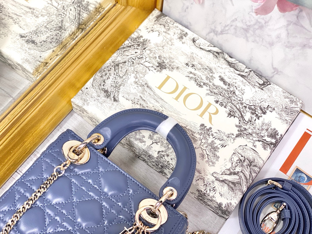 Dior-Mini Lady Dior手袋-三格黛妃-17cm-深藍丹寧金扣