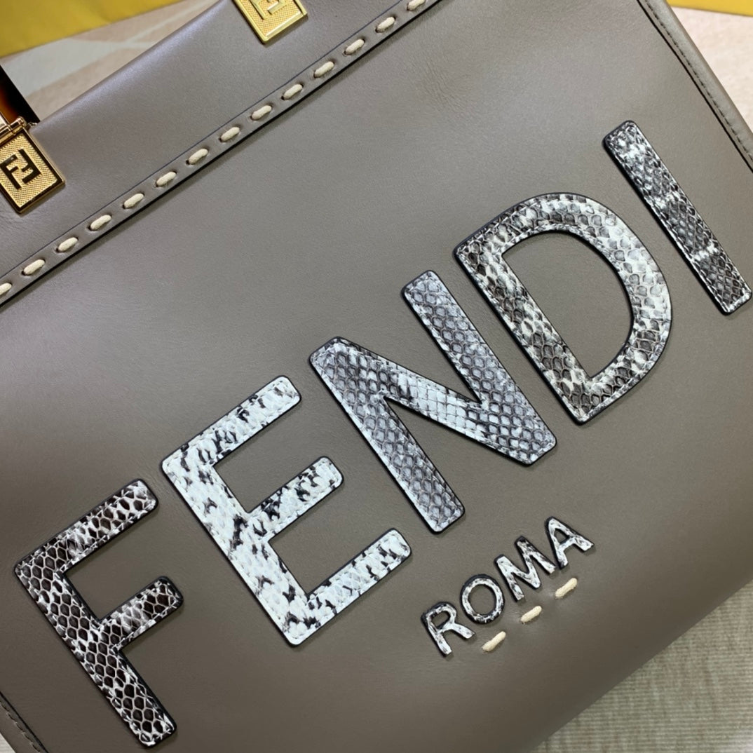 芬F家-Fendi Sunshine-中號灰色印花蛇皮手提袋