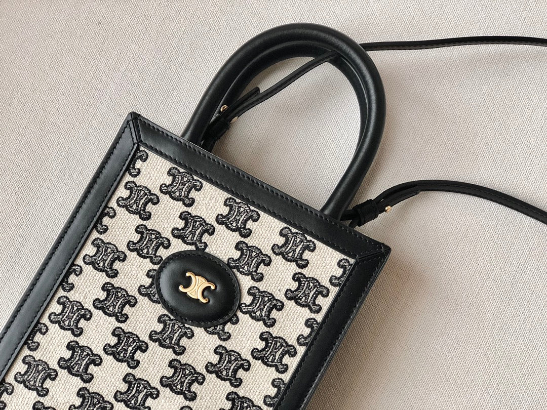Celine CABAS 迷你TRIOMPHE刺繡織物豎款手袋