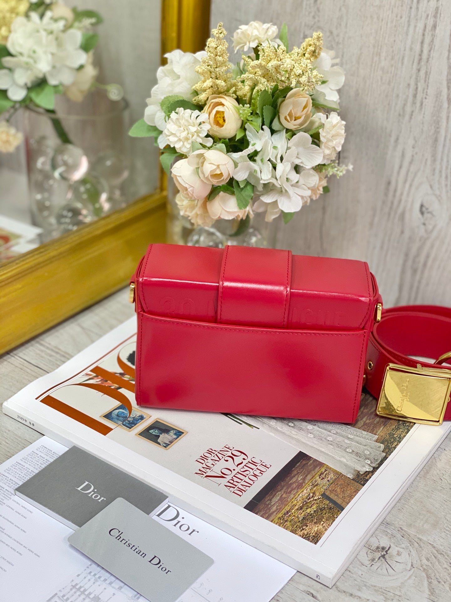 Dior 蒙田 Mini Box-平紋牛皮-金扣-17.5cm-紅色