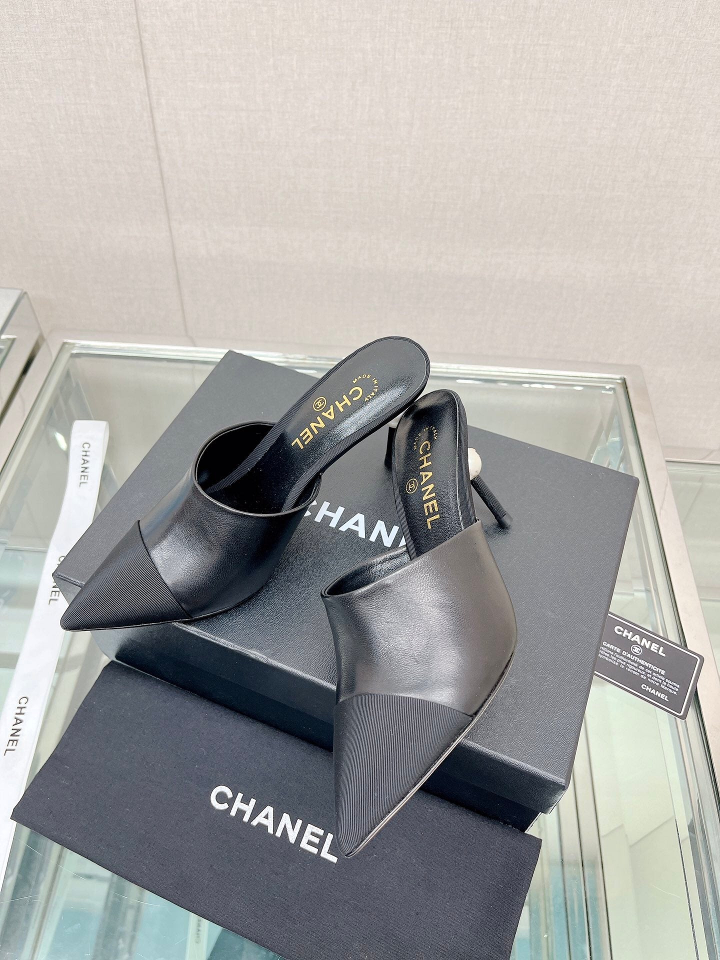 小香家-coco珍珠高跟拖鞋 8.5cm 黑色
