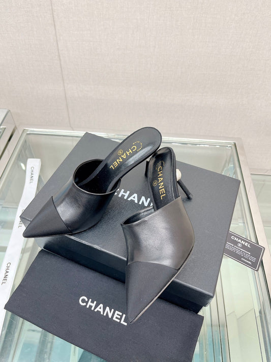 小香家-coco珍珠高跟拖鞋 8.5cm 黑色