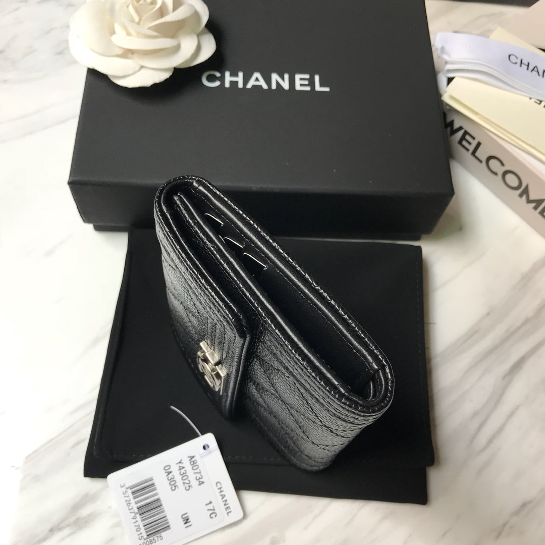 Chanel Leboy 三折短夾-黑色荔枝皮復古銀扣