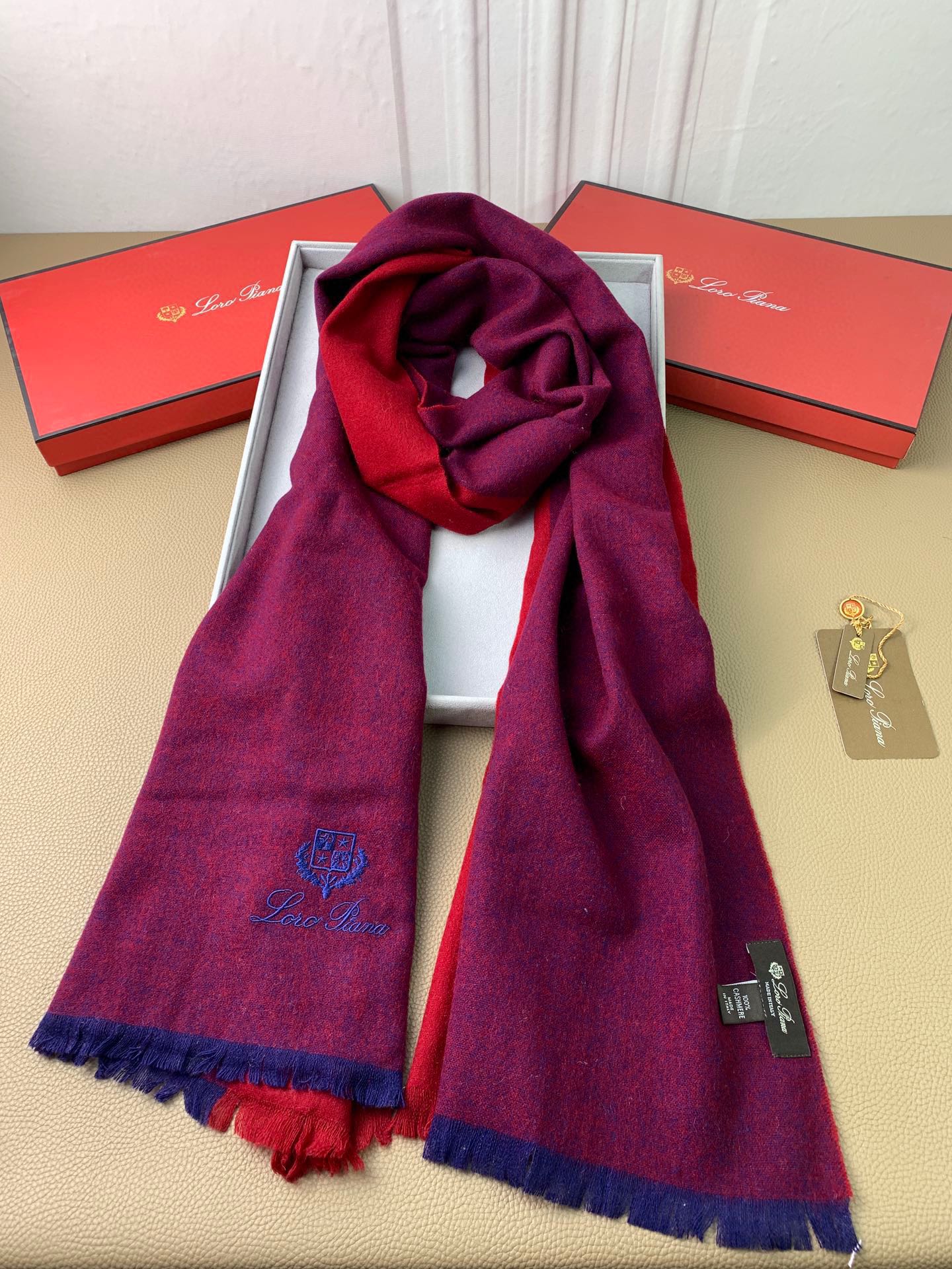 L-Piana-拼接羊毛混料圍巾 200*75cm 100%羊毛 酒紅色