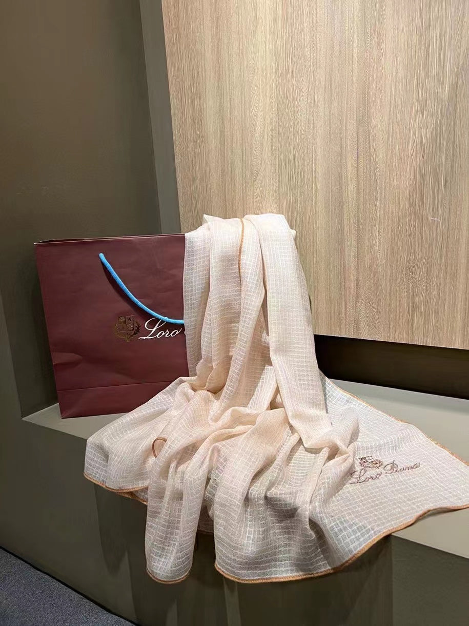 L-Piana 華夫格彩邊水毛刺繡長巾-100%羊絨-90*200cm