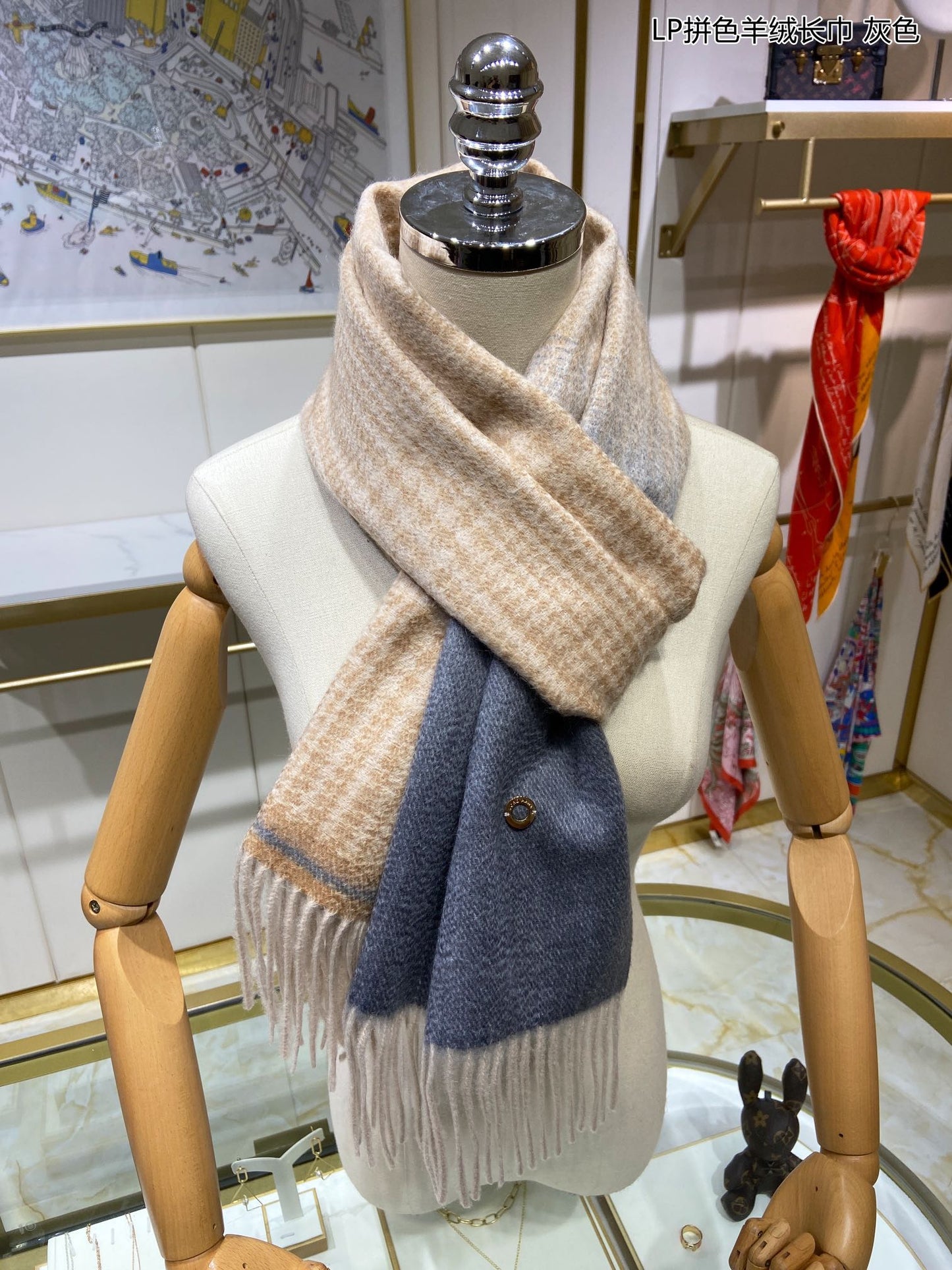 L-Piana 雙面拼色羊絨長圍巾 33*190cm-100%頂級端野羊絨