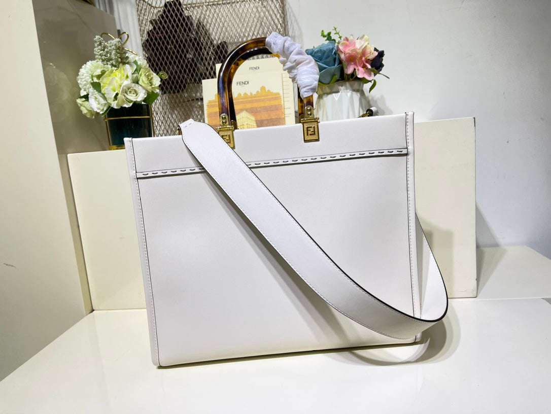芬F家-Fendi Sunshine-中號白色牛皮手提袋