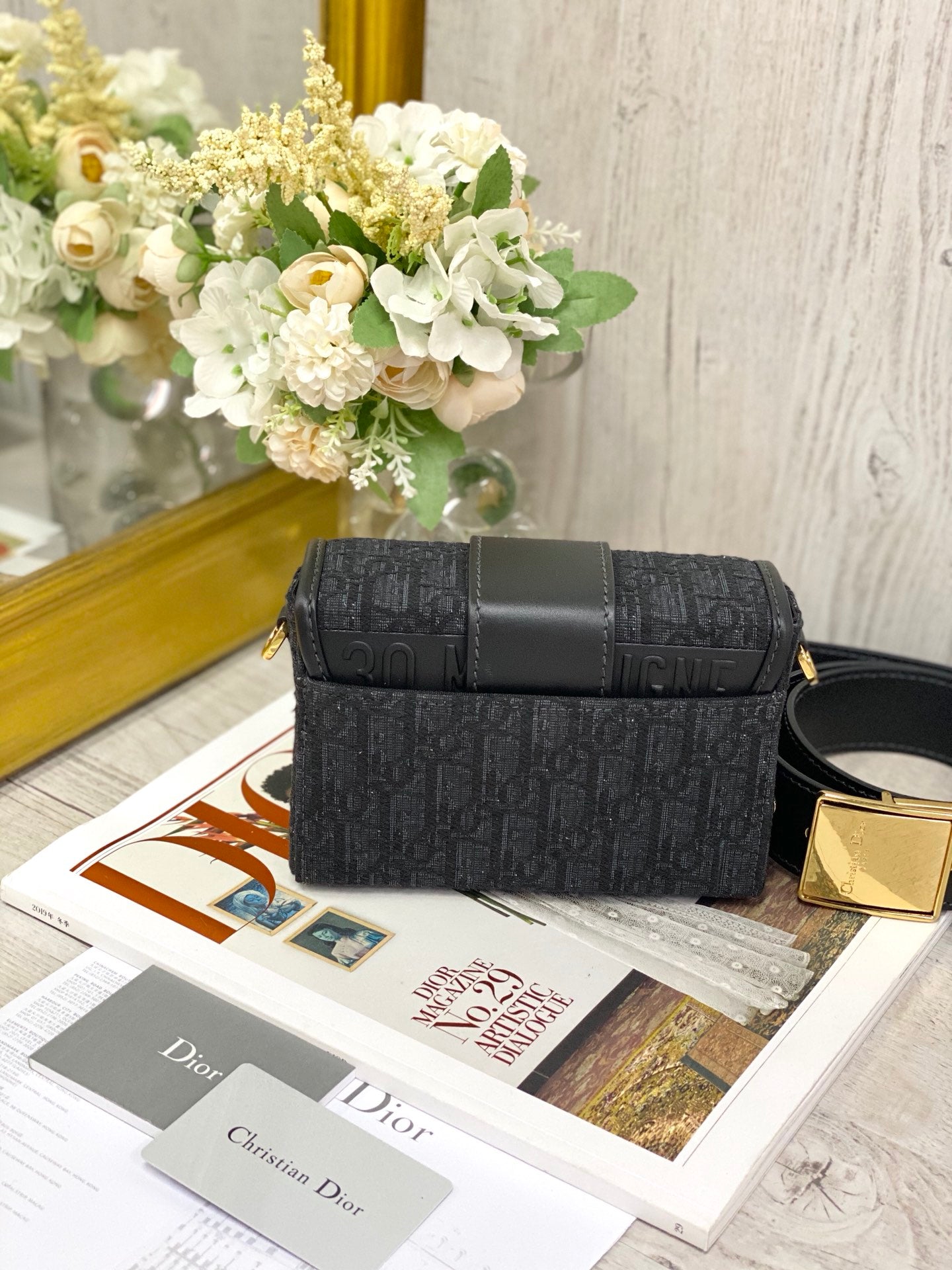 Dior 蒙田 Mini Box-帆布刺繡-金扣-17.5cm-黑
