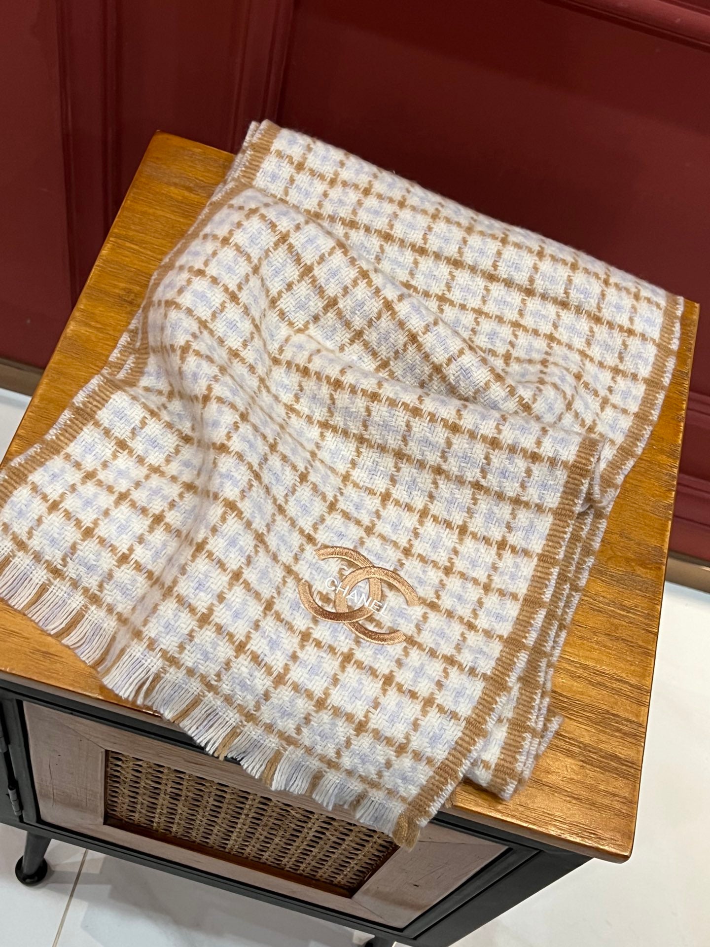 小香家-雙C編織格紋圍巾 190*32cm 100%頂級山羊絨 灰色