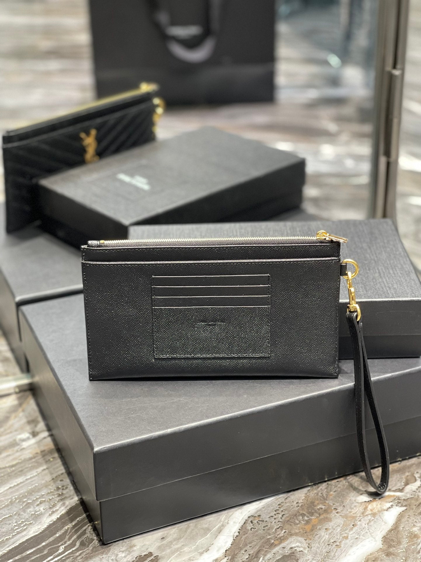 YSL 拉鍊手拿包 扁長夾 黑色金扣